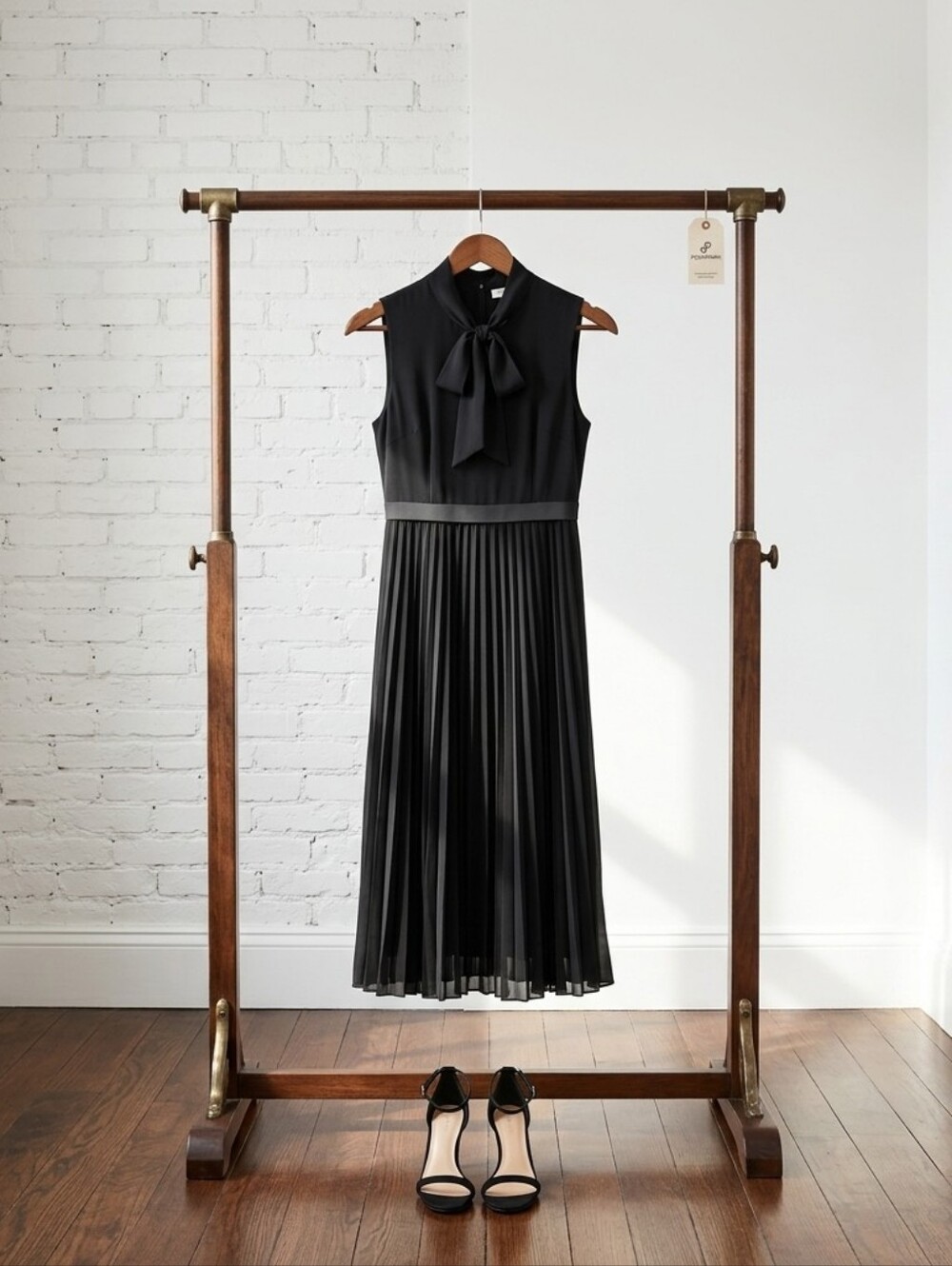 Allegra K Black Sleeveless Pleated Midi Dress with Bow Neck